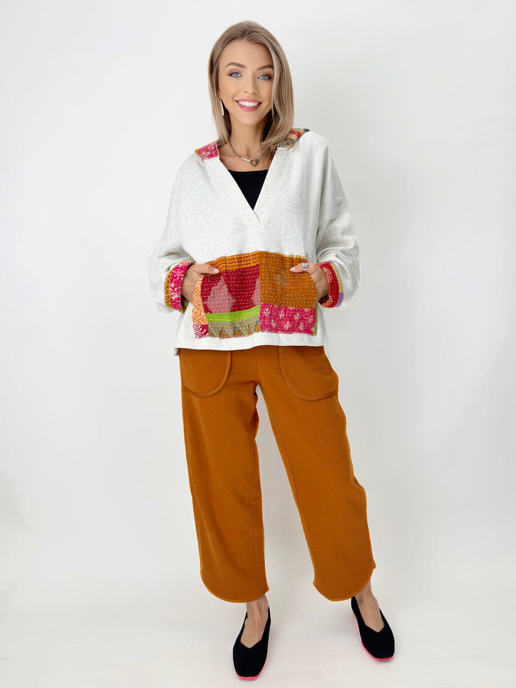 Narenee Designs- V-Neck Hoodie with Kantha Patchwork