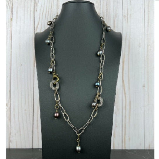 NSerena Jewelry-Peacock Freshwater Pearl w Mesh rings Necklace