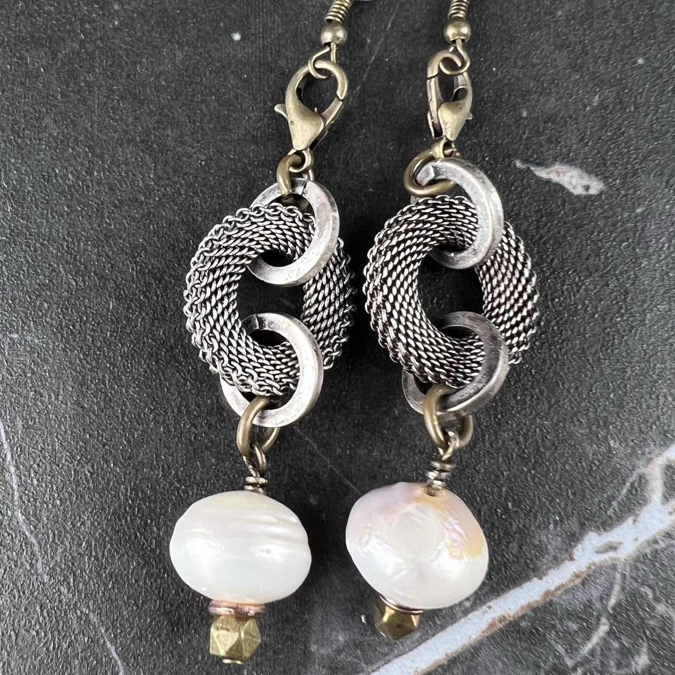 NSerena Jewelry-Mesh ring with Pearl Earrings